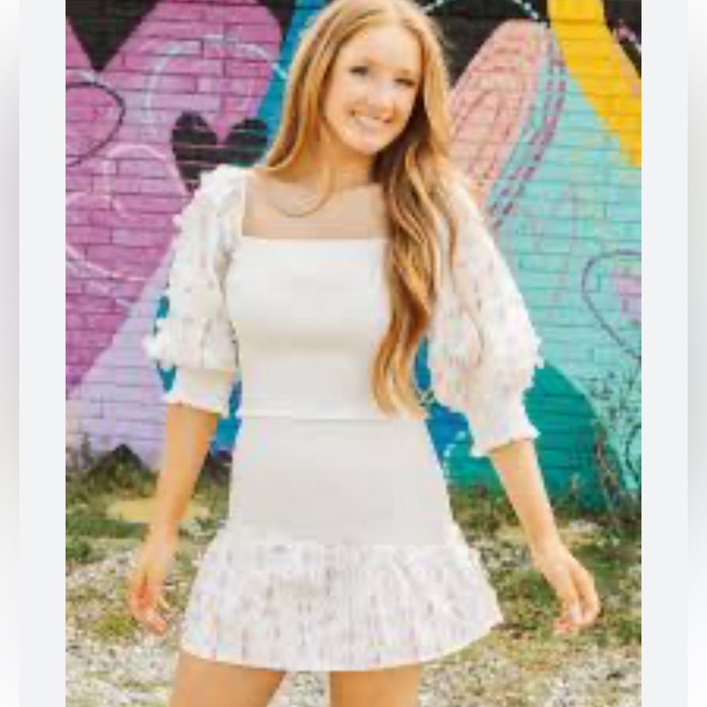 New Queen of Sparkles rainbow Pailette smocked White mini skirt Top Set L